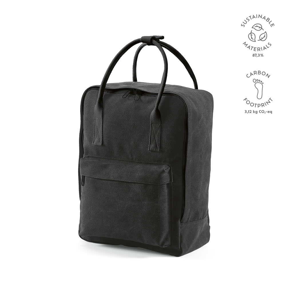 A black backpack with sustainable materials, featuring a front pocket and dual handles. It has a logo on one side.