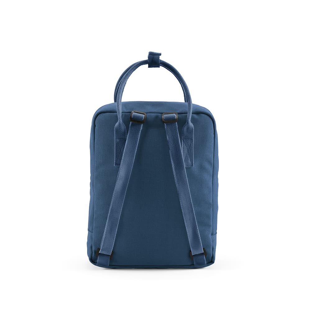 A navy blue backpack with padded straps and a top handle, featuring a logo on the exterior.