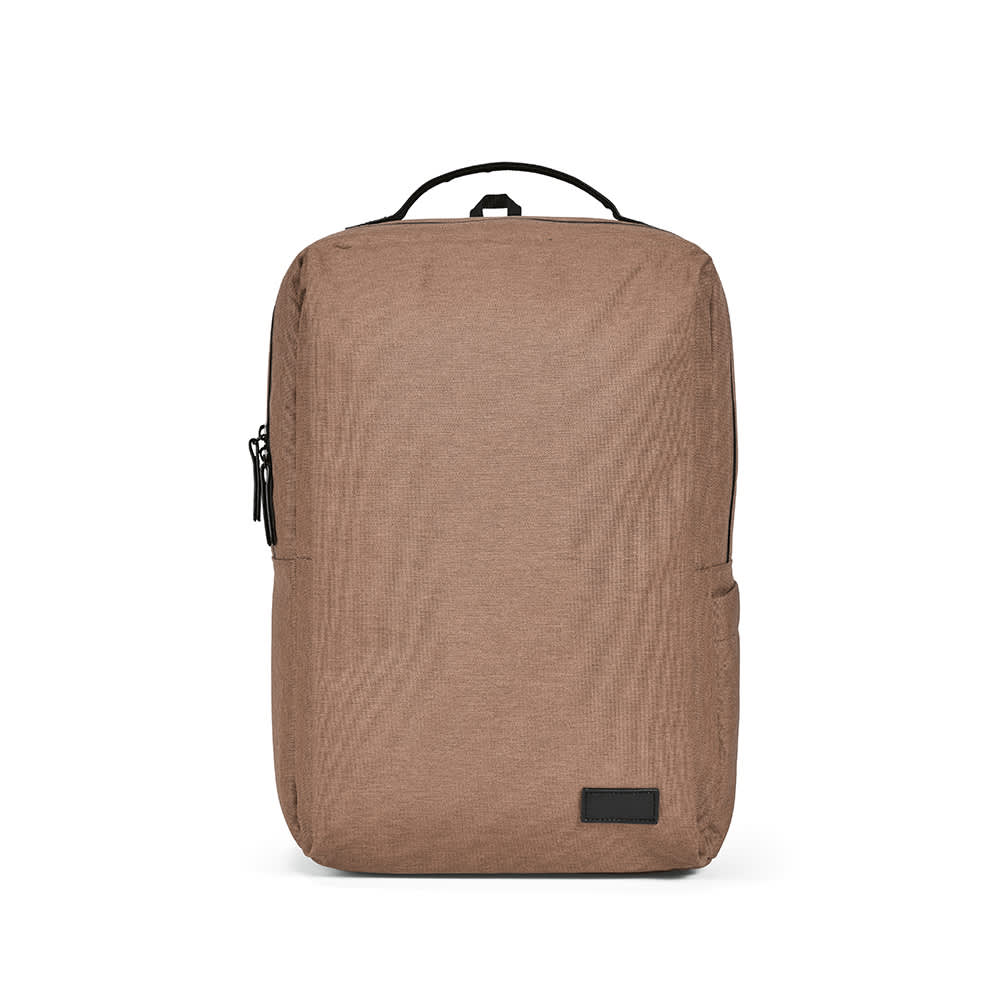 A brown backpack with waterproof zippers, designed to fit a 17" laptop. Features a logo on the front.