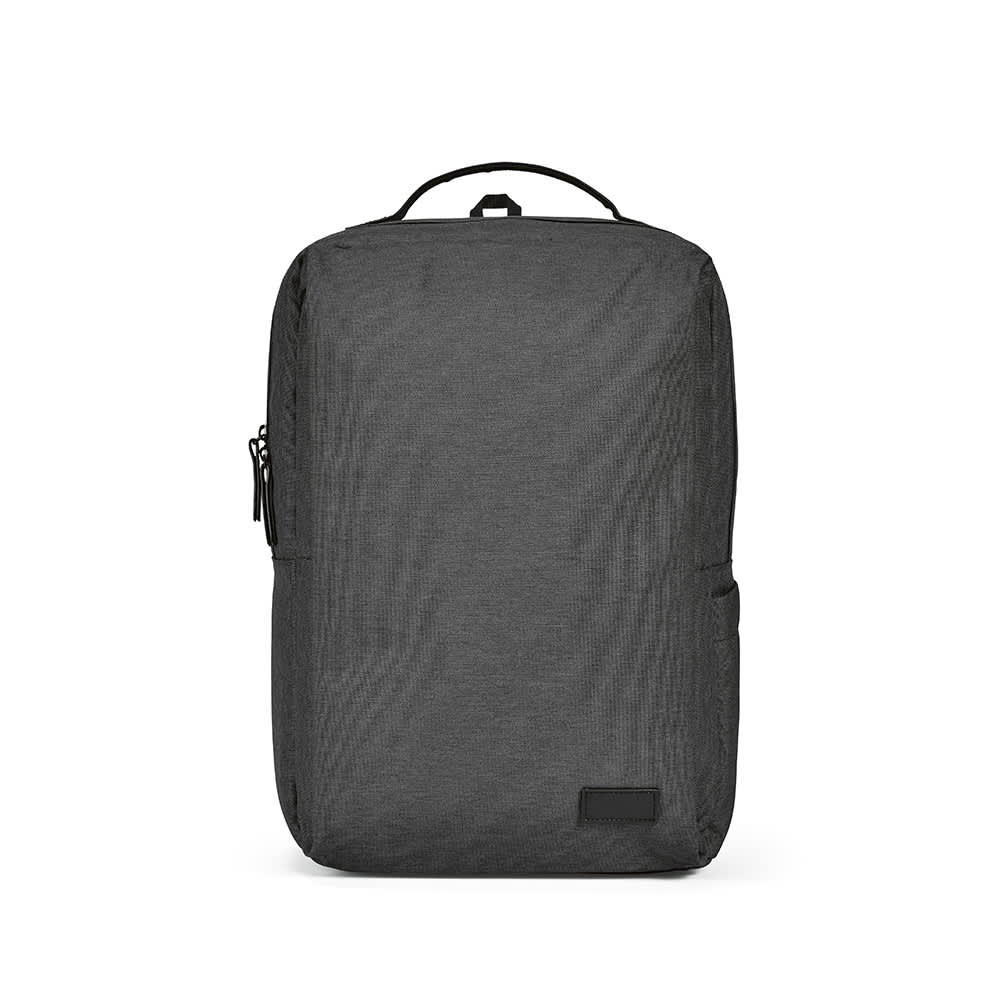 A grey backpack with waterproof zippers and a side pocket, designed to fit a 17" laptop, featuring a logo.