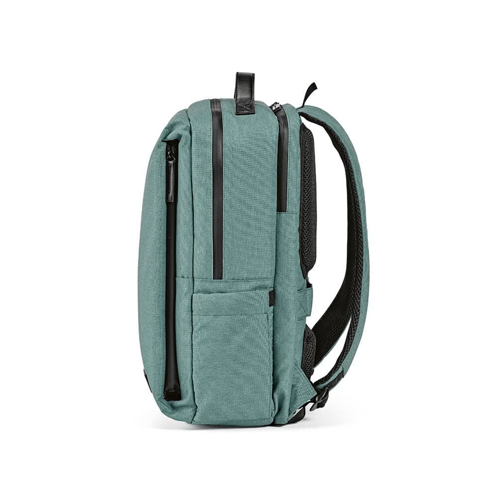 A teal backpack featuring waterproof zippers, side pockets, and space for a 17" laptop, with a logo visible.