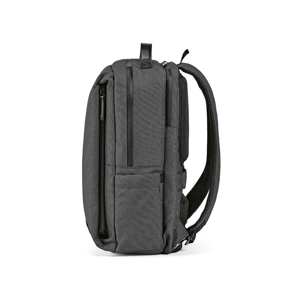 A grey backpack featuring waterproof zippers, multiple pockets, and space for a 17" laptop. Includes a logo.