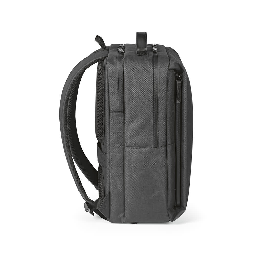 A black Oslo Backpack with waterproof zippers, designed to fit a 17" laptop, featuring a sleek profile and branding.