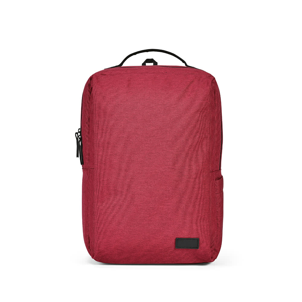 A red Oslo Backpack with waterproof zippers, suitable for a 17" laptop, featuring a logo on the front.