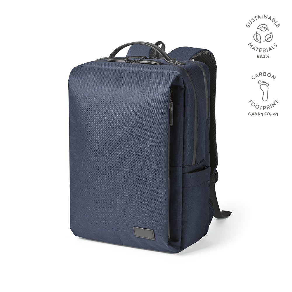 A navy blue backpack featuring waterproof zippers, designed to fit a 17" laptop, with a logo. Made from sustainable materials.