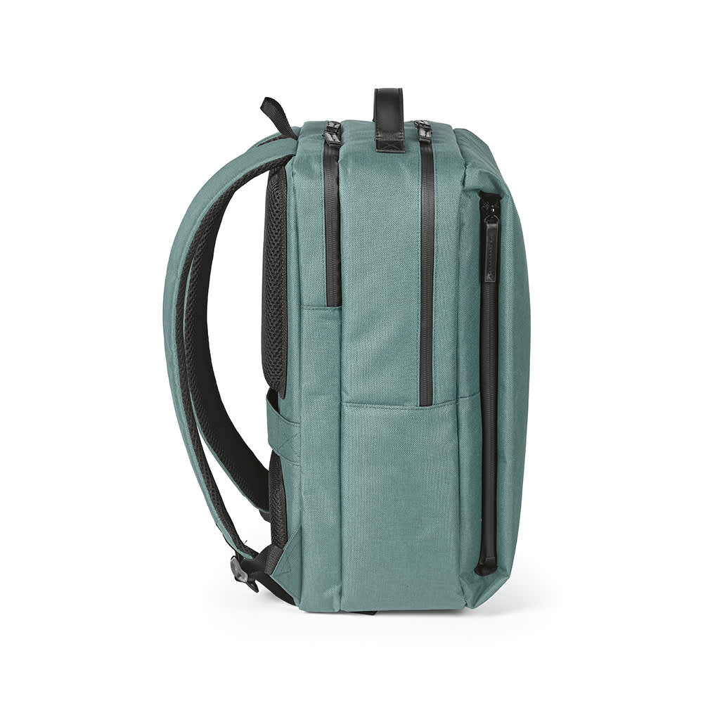 A teal backpack with waterproof zippers, featuring space for a 17" laptop and a logo.