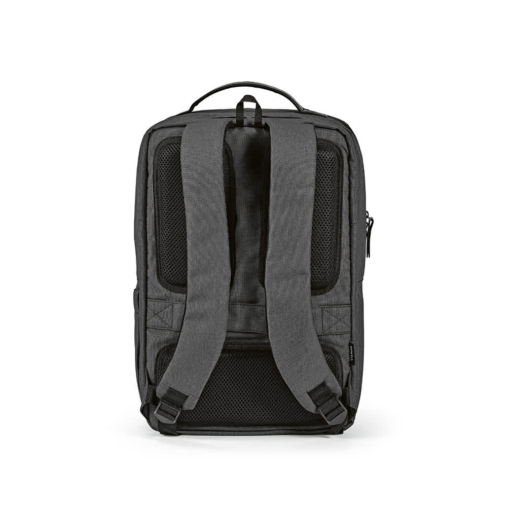 A grey backpack with padded shoulder straps and mesh panels, featuring waterproof zippers and space for a 17" laptop.