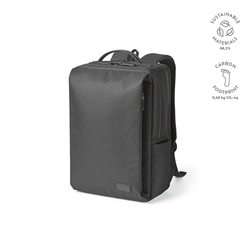 A black backpack with waterproof zippers, designed to fit a 17" laptop. It features a logo and sustainable materials.