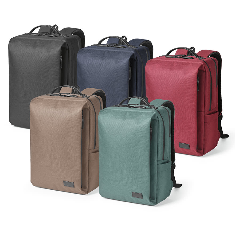A collection of Oslo Backpacks in various colours: black, navy, burgundy, green, and brown, features waterproof zippers.