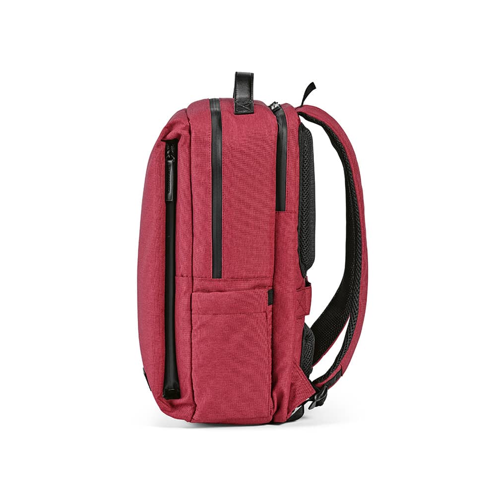 A red Oslo Backpack with waterproof zippers and multiple pockets, designed to fit a 17" laptop. It features a logo.