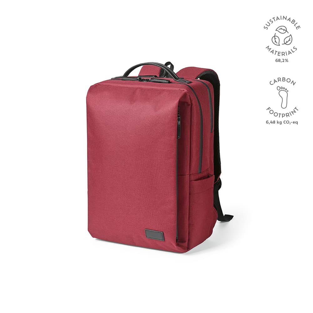A red Oslo Backpack with waterproof zippers, designed for a 17" laptop and featuring a logo.