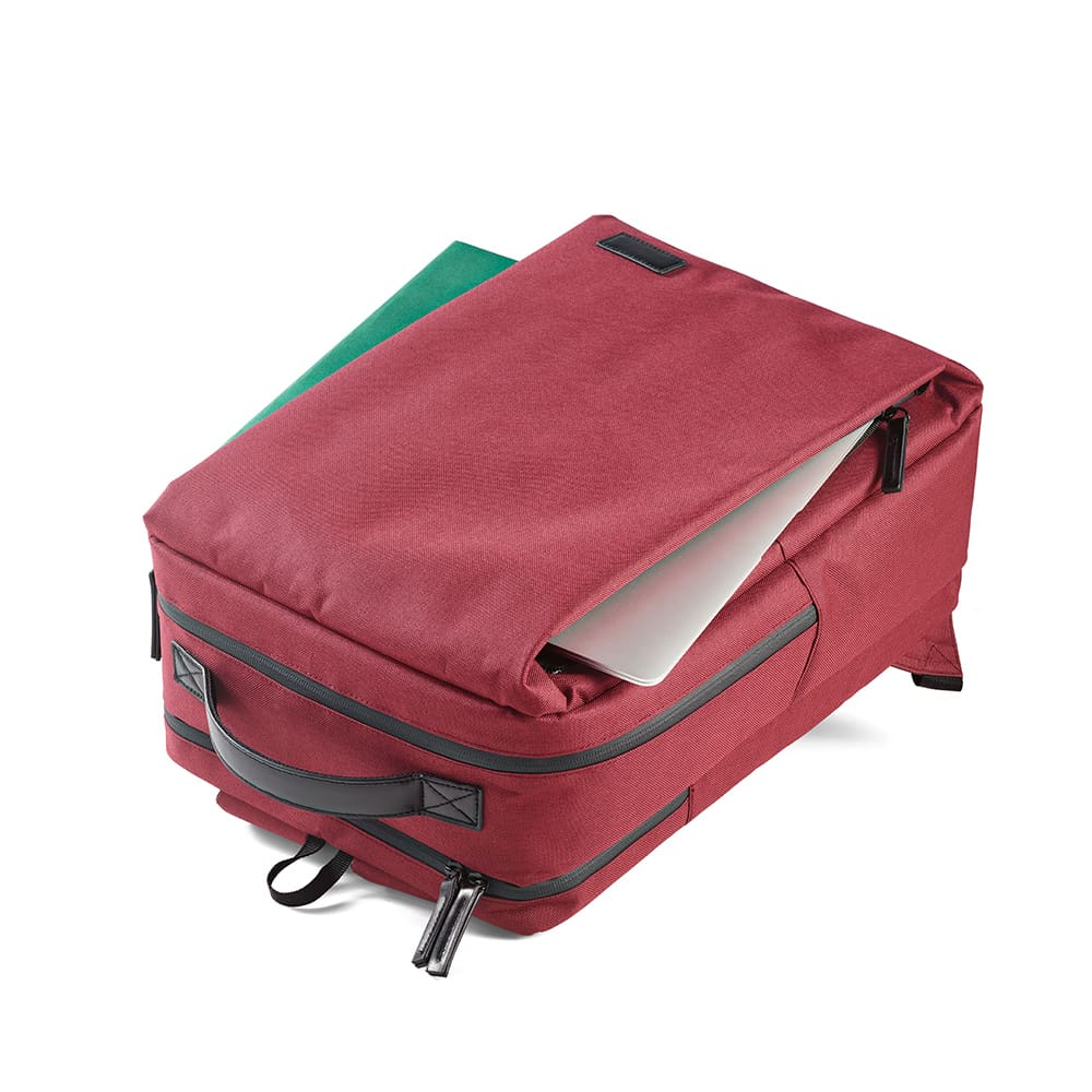 A maroon backpack featuring waterproof zippers and compartments for a 17" laptop and other items. It has a logo.