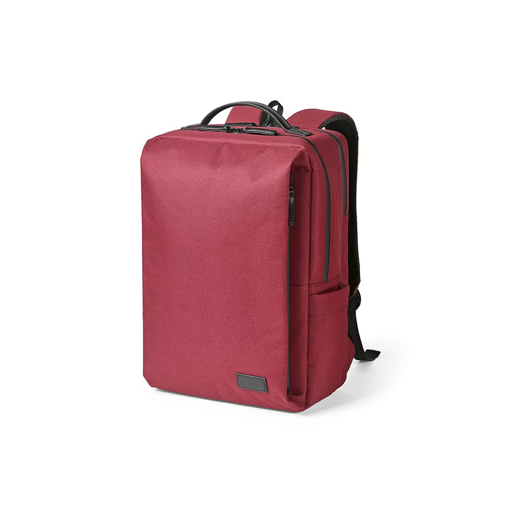A maroon backpack with waterproof zippers and a compartment for a 17" laptop, featuring a logo.