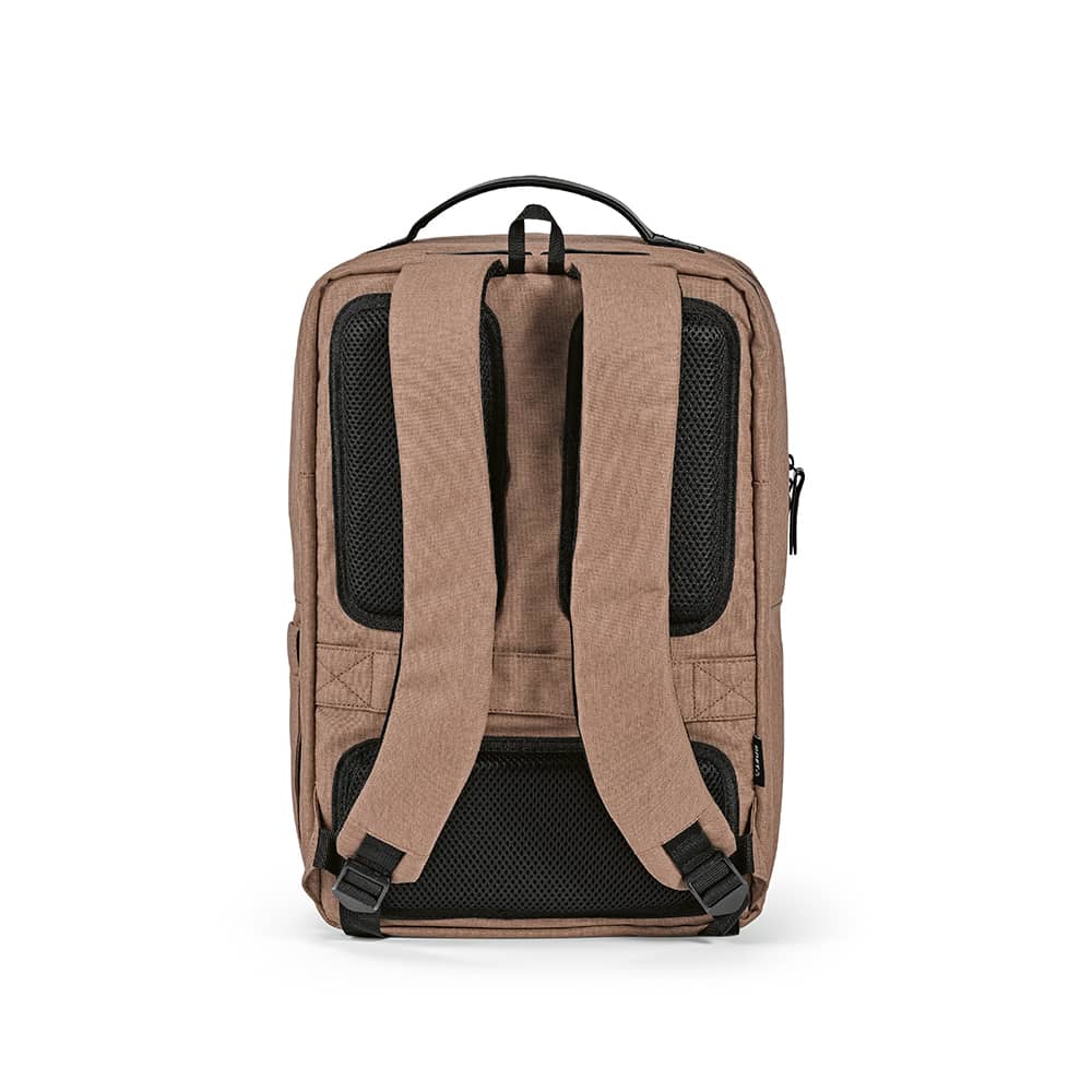 A brown backpack with waterproof zippers, mesh back, and padded straps, designed to fit a 17" laptop.