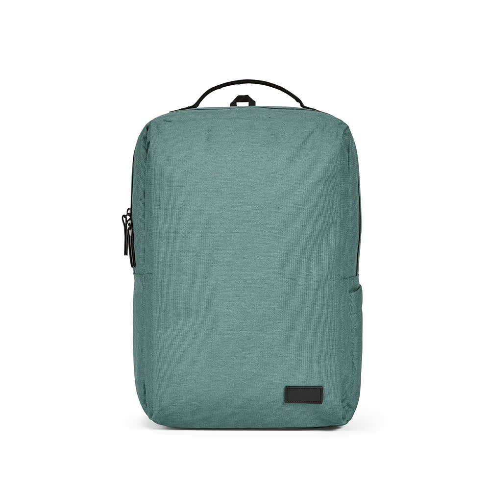 A green Oslo backpack with waterproof zippers, designed to fit a 17" laptop, featuring a logo.
