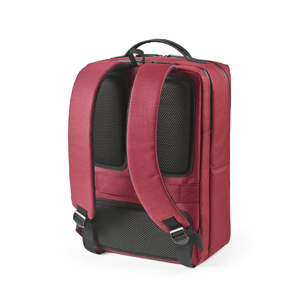 A red Oslo backpack with waterproof zippers, designed to fit a 17" laptop, featuring a logo and padded straps.