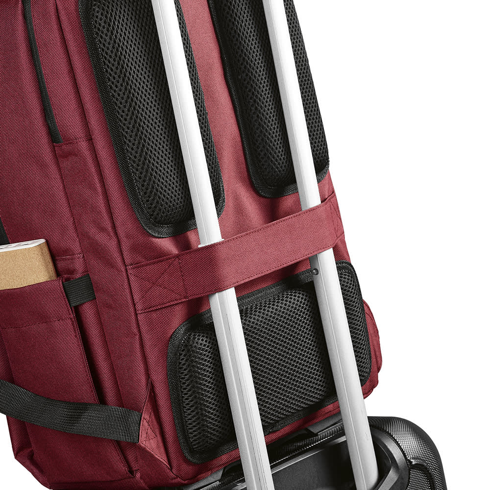A maroon backpack featuring waterproof zippers and mesh padding, designed to fit a 17" laptop. It has a logo.