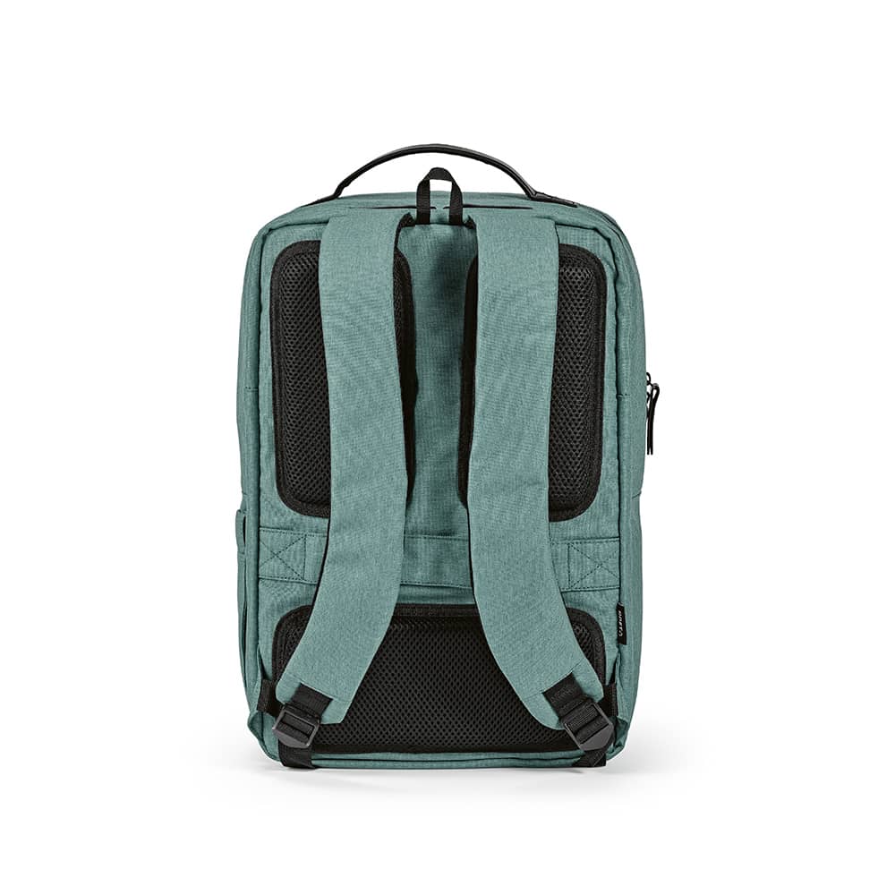 A green Oslo Backpack with adjustable straps, featuring waterproof zippers and a compartment for a 17" laptop.