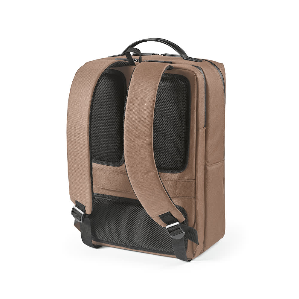 A brown Oslo backpack featuring waterproof zippers, padded straps, and space for a 17" laptop.