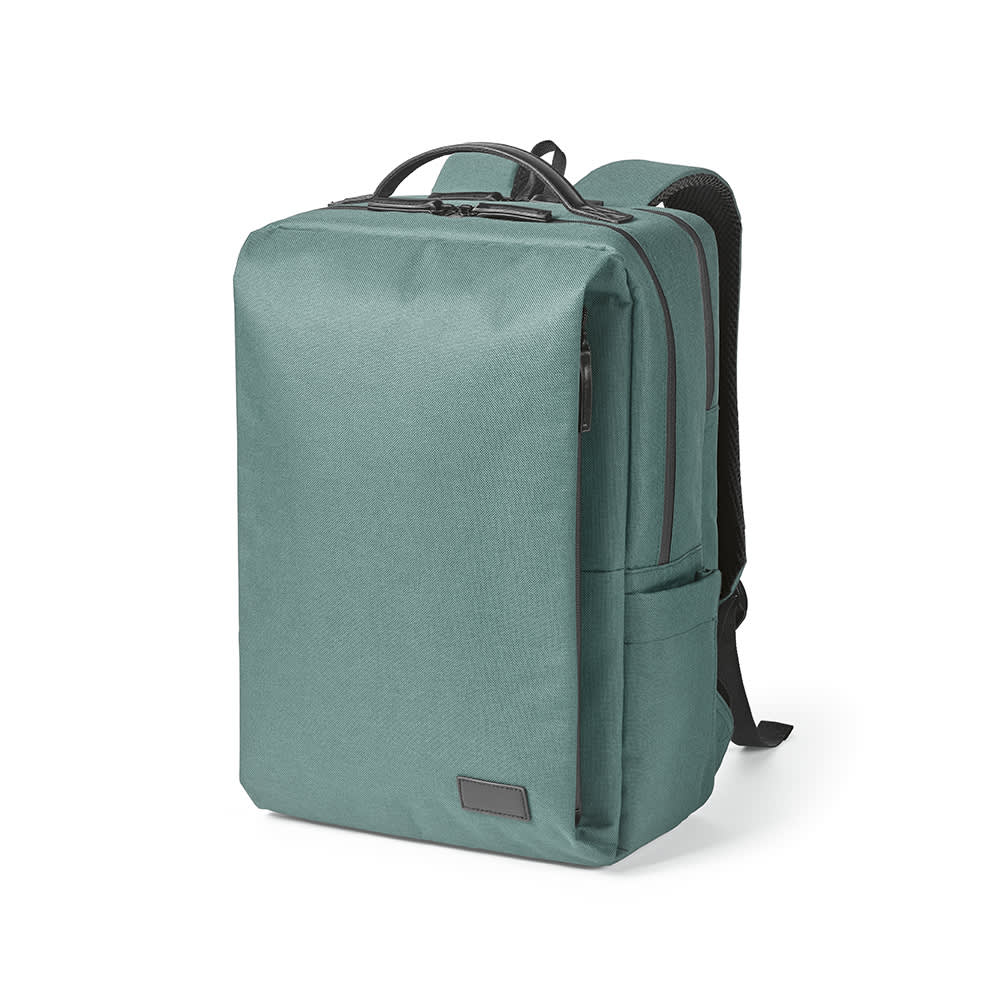 A teal backpack with waterproof zippers, designed to fit a 17" laptop, featuring one side pocket and a logo.