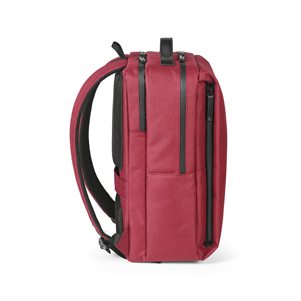 A maroon Oslo Backpack with waterproof zippers and a side pocket, designed to fit a 17" laptop.