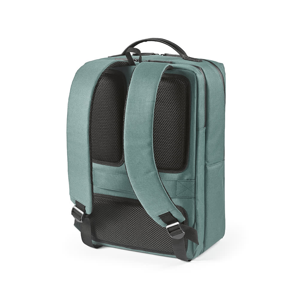 A teal backpack with waterproof zippers, designed to fit a 17" laptop, featuring padded straps and a logo.