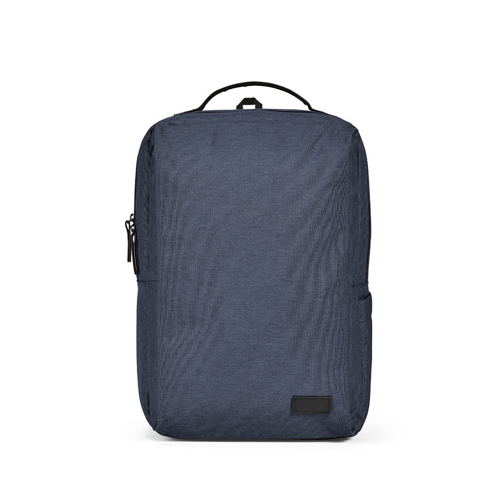 A navy blue backpack with a sleek design, featuring waterproof zippers and a logo on the front. Suitable for a 17" laptop.