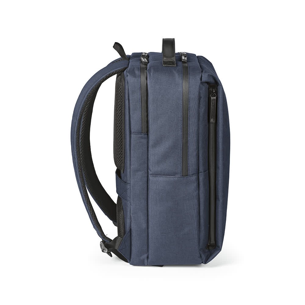 A navy blue backpack featuring waterproof zippers, designed to fit a 17" laptop, with a sleek, modern design.