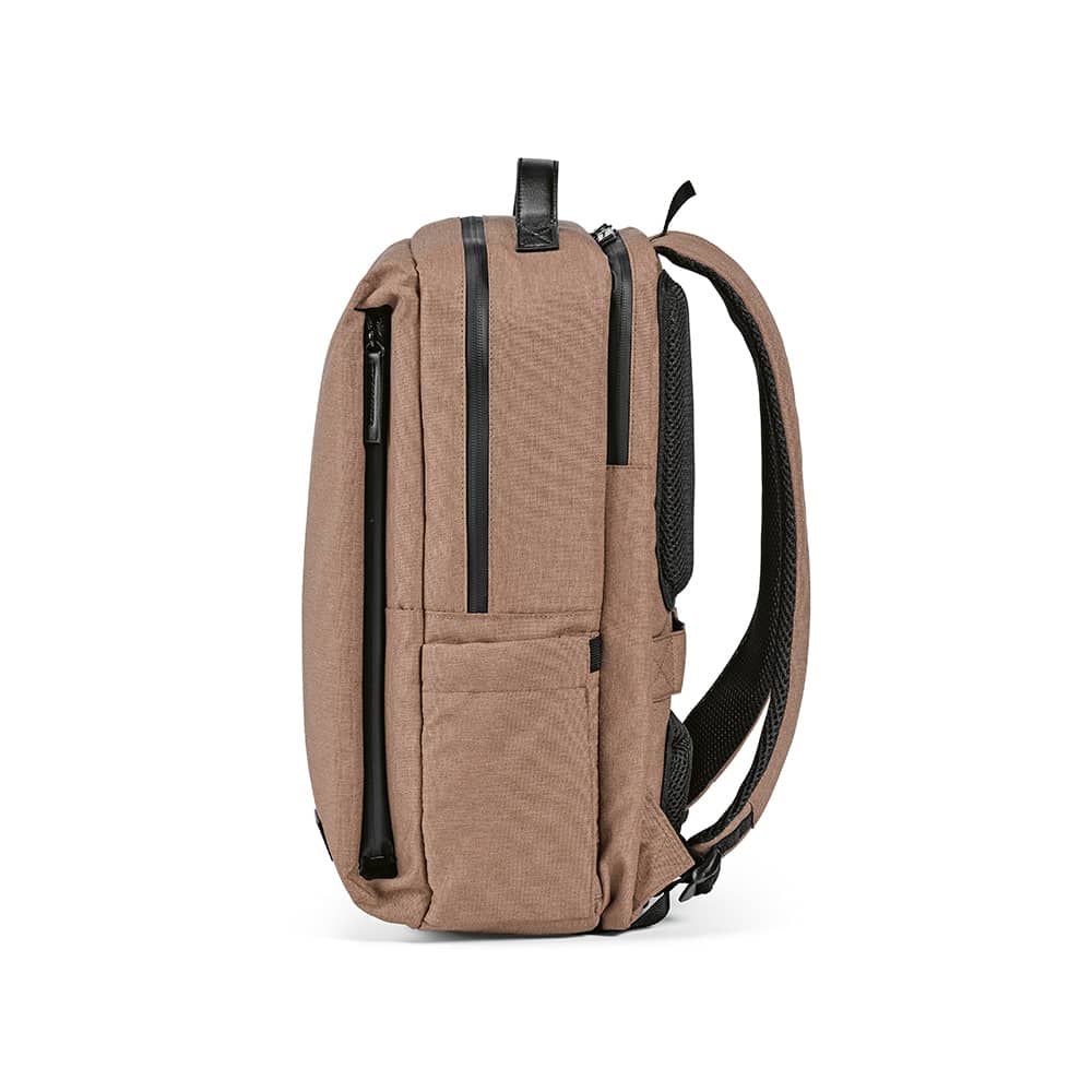 A brown backpack with waterproof zippers, featuring pockets and a sleek, modern design, compatible with a 17" laptop.