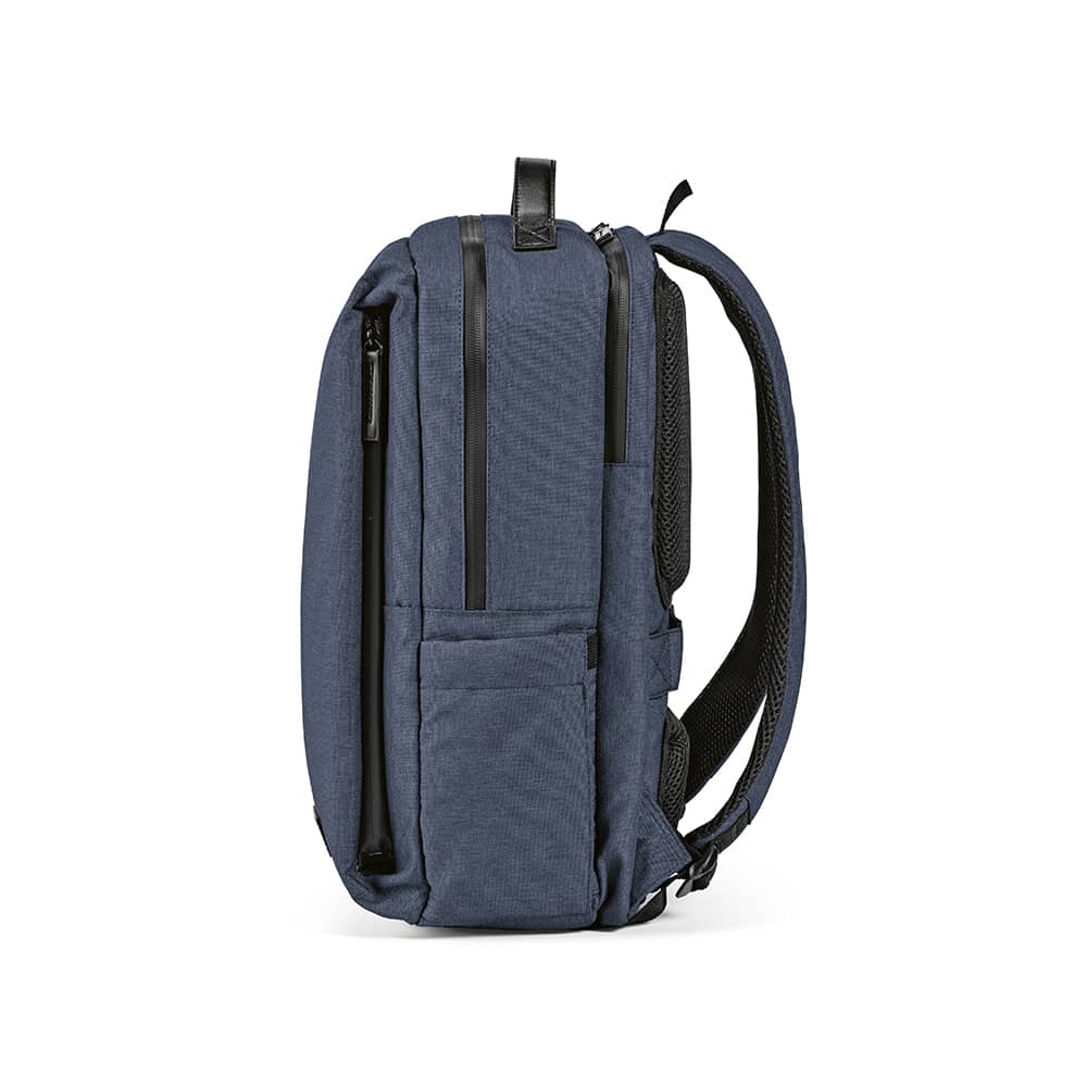 A navy blue Oslo Backpack with waterproof zippers, designed to fit a 17" laptop. Features a logo and several compartments.