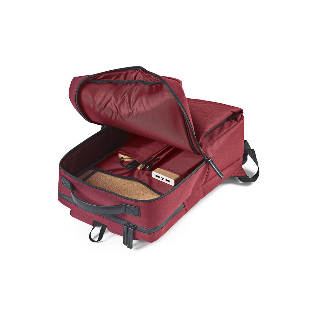 A burgundy backpack with an open zipper, featuring compartments for a laptop and accessories, plus a logo.