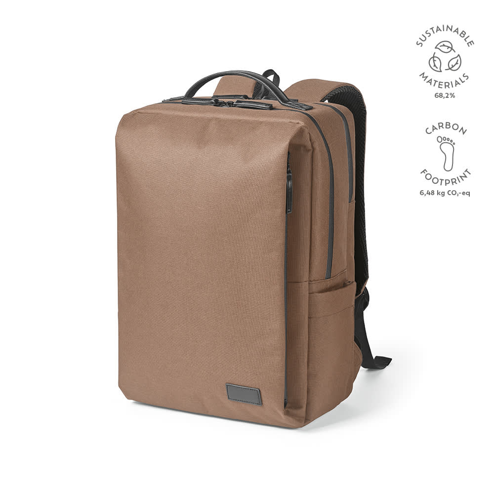 A brown backpack with waterproof zippers, designed to fit a 17" laptop and featuring a logo.