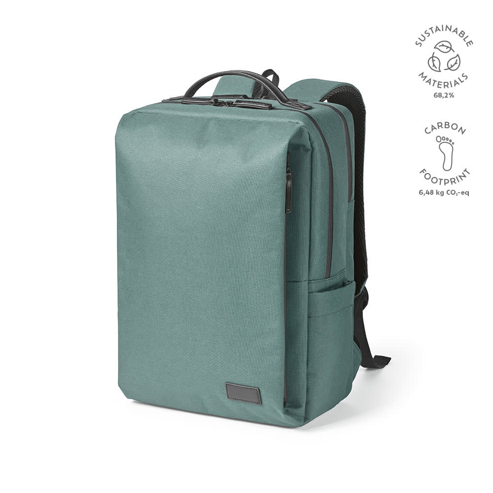 A green Oslo Backpack made from sustainable materials with waterproof zippers and space for a 17" laptop.