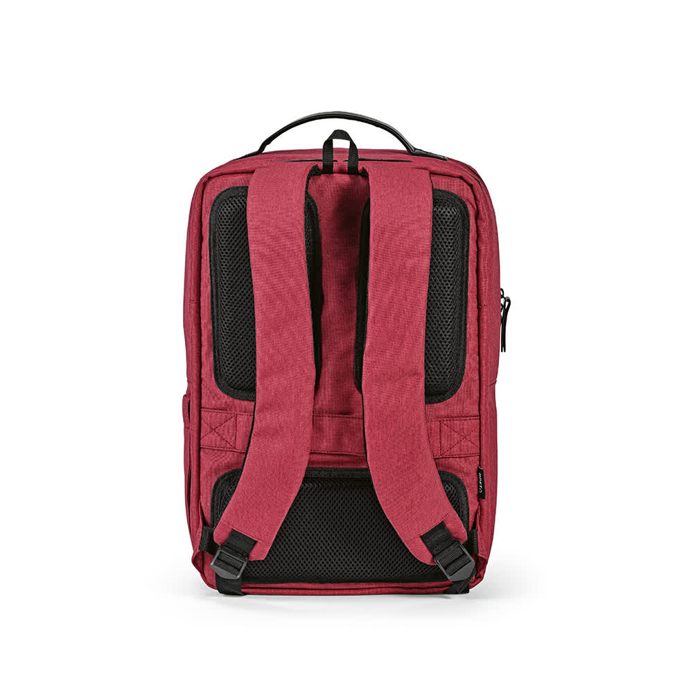 A burgundy backpack with mesh padded straps and a back panel. Features include waterproof zippers and a back logo.