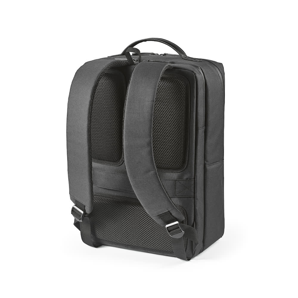 A black Oslo Backpack with waterproof zippers, featuring padded straps and compartments for a 17" laptop.