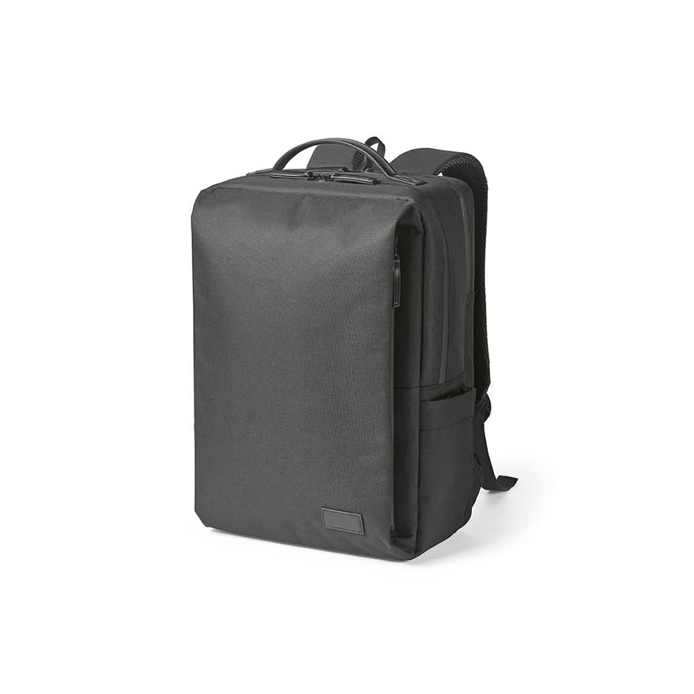 A black backpack with waterproof zippers, designed to fit a 17" laptop, featuring adjustable shoulder straps.