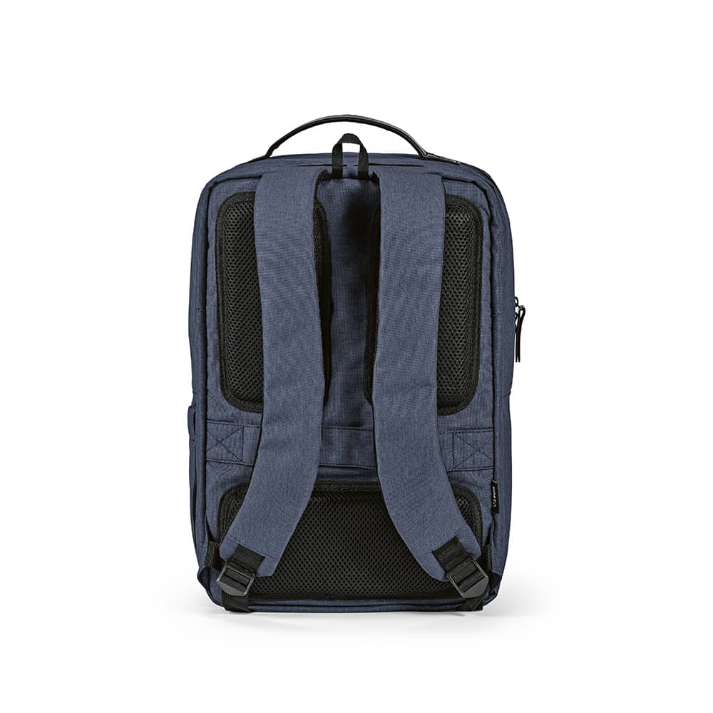 A navy backpack with waterproof zippers and padded shoulder straps, featuring a logo. Fits a 17" laptop.