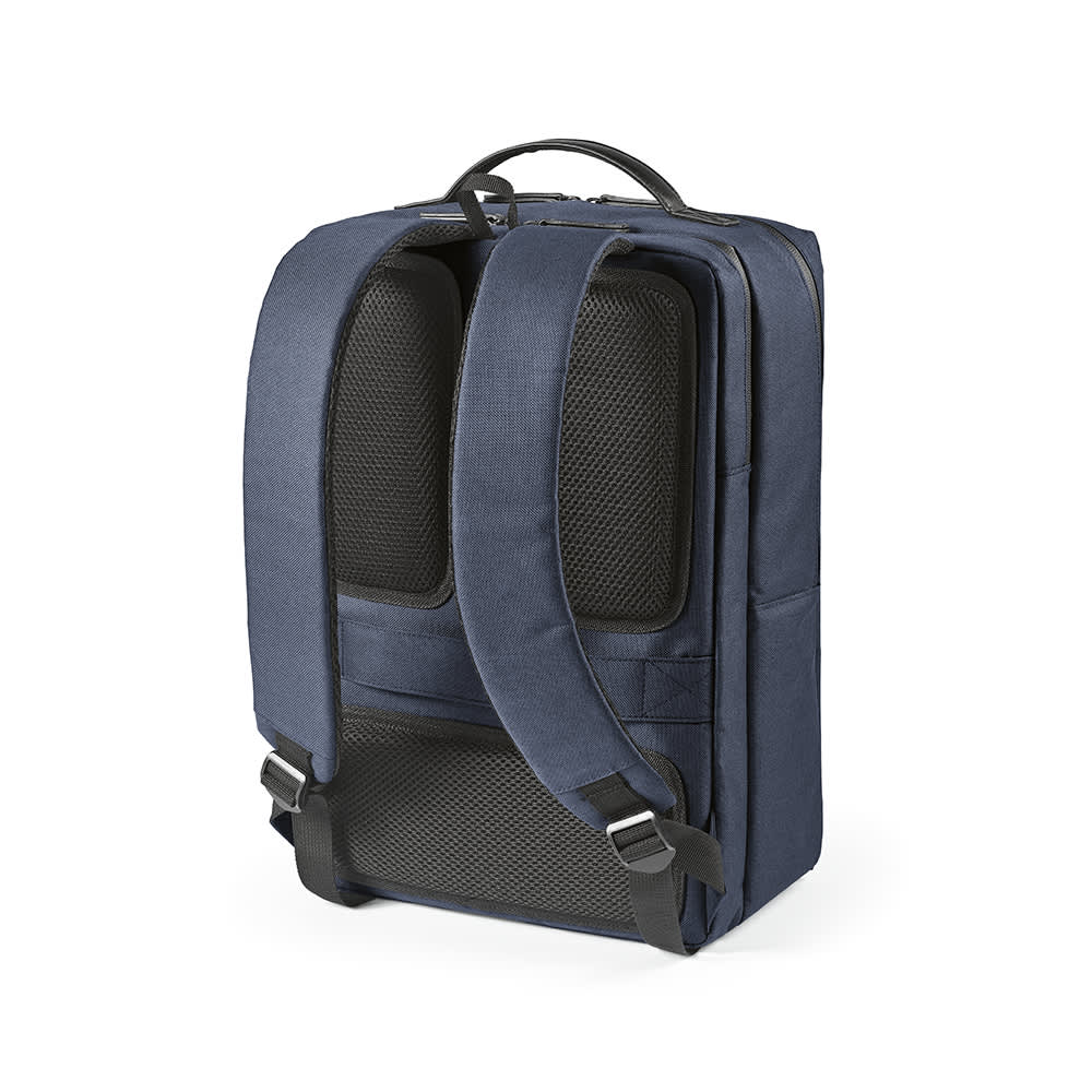 A navy blue backpack with waterproof zippers, designed to fit a 17" laptop, featuring padded straps and a logo.