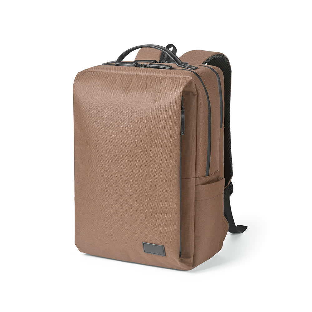 A brown waterproof backpack with zippers, featuring a compartment for a 17" laptop and a branding logo.