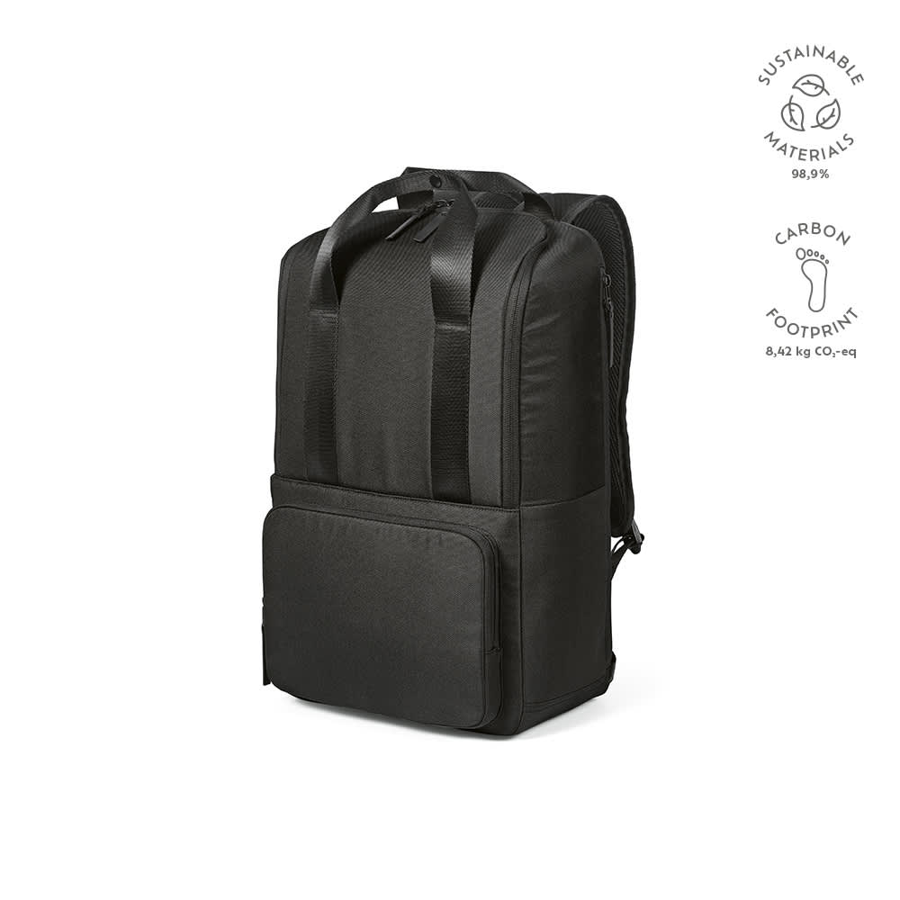 A black backpack designed to fit a 15.6" laptop, featuring a front pocket and made from sustainable materials.