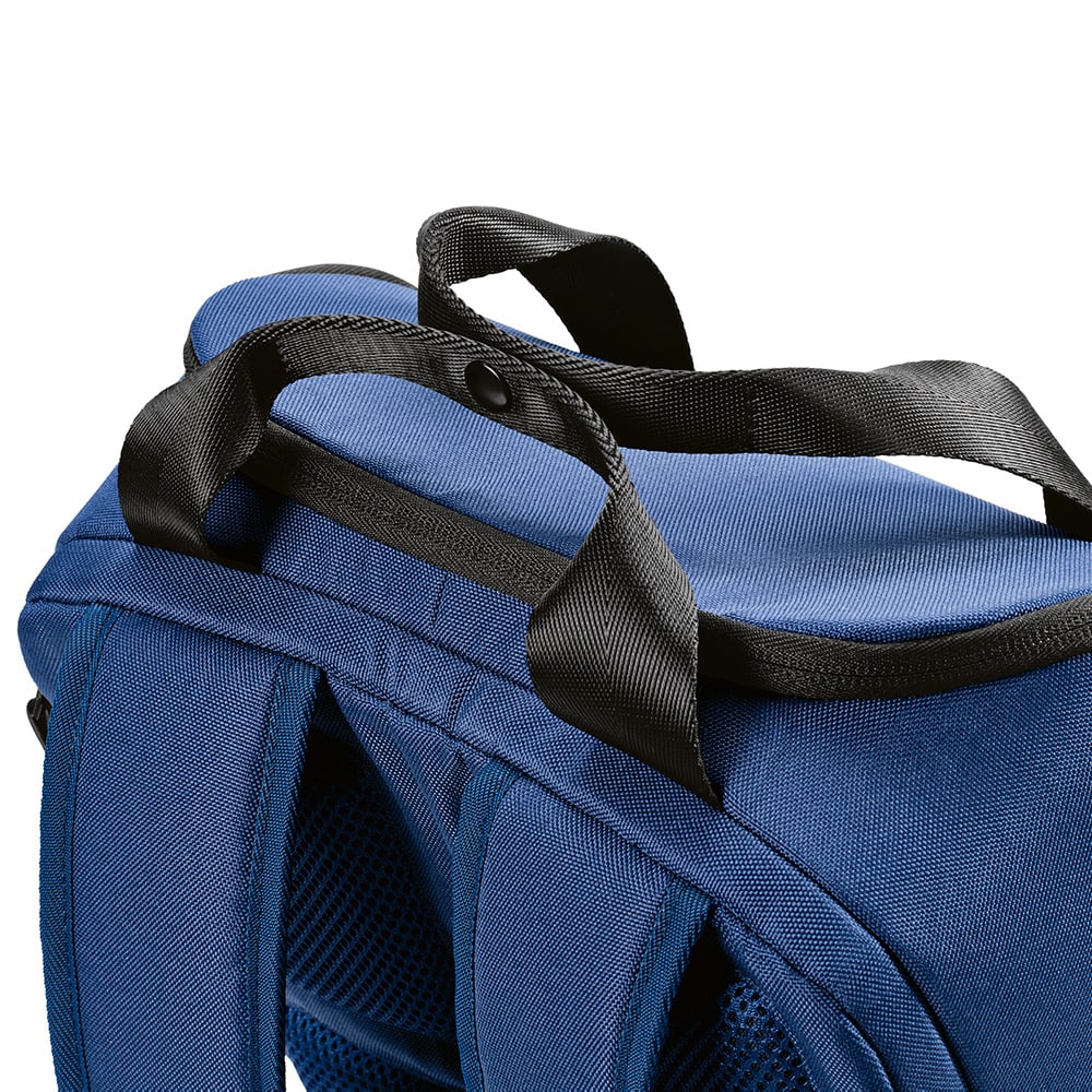 A blue backpack with a black handle and shoulder straps, featuring a textured fabric. It has a logo on the side.