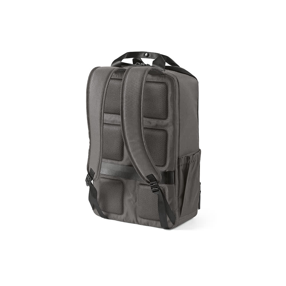 A grey backpack featuring padded straps and a side pocket, designed to hold a 15.6" laptop. It includes a logo.