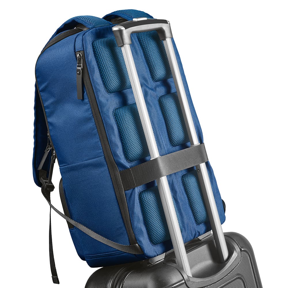 A blue backpack with a front pocket and padded back, designed to fit a 15.6" laptop. Features a logo.