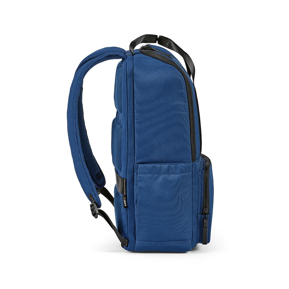 A blue backpack with a front pocket, designed to fit a 15.6" laptop, featuring padded straps and a logo.