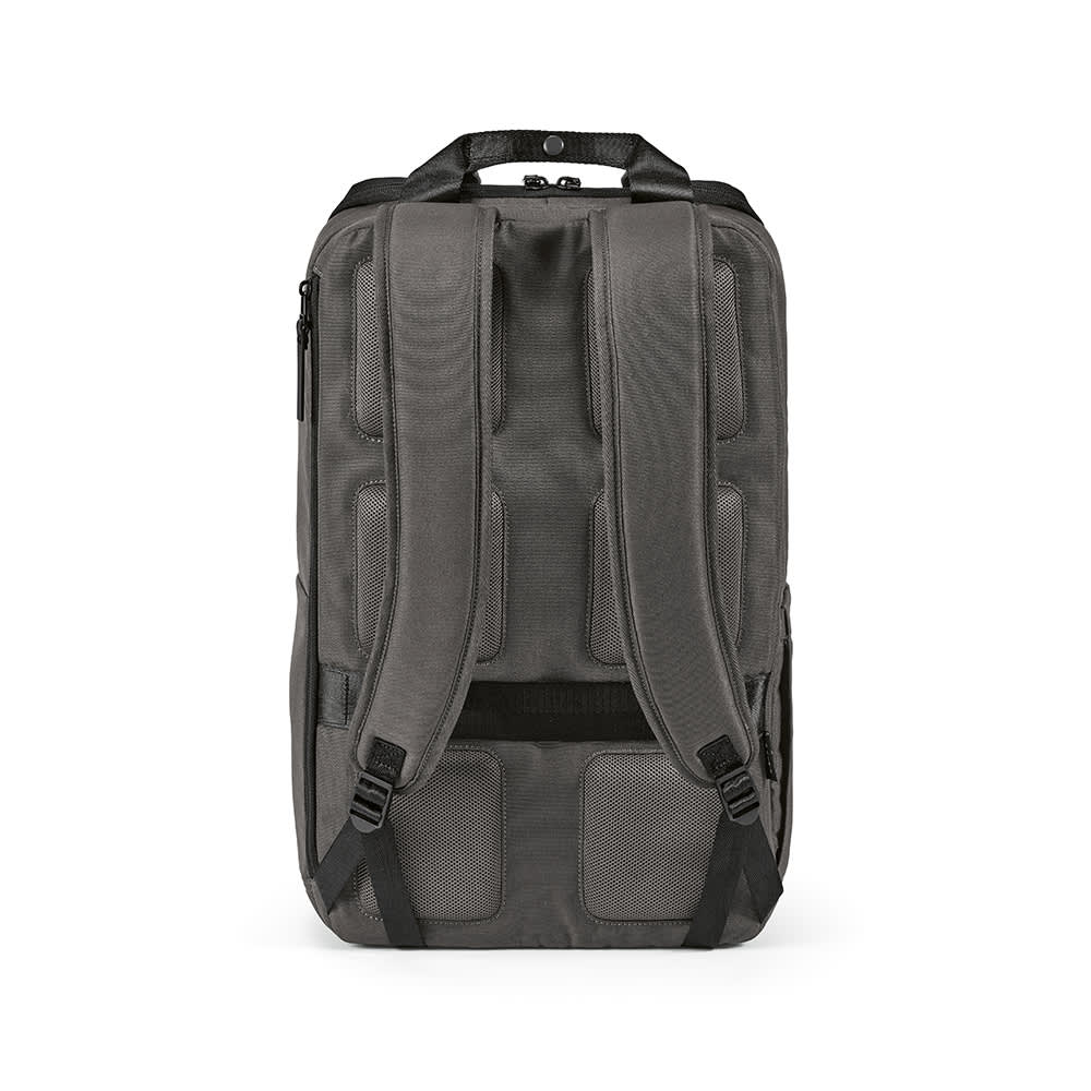 A grey backpack featuring padded shoulder straps and a front pocket, designed to fit a 15.6" laptop.
