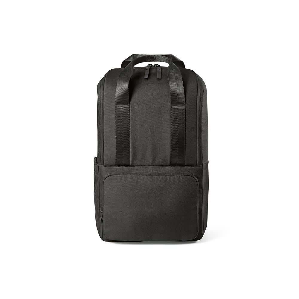 A black Bucharest Backpack with a front pocket, designed to fit a 15.6" laptop. It also features a logo.