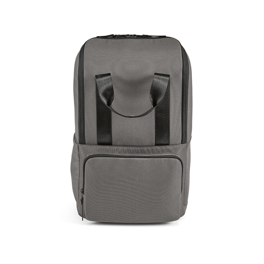 A grey backpack with a front pocket, designed to fit a 15.6" laptop, featuring dual carrying straps and a logo.