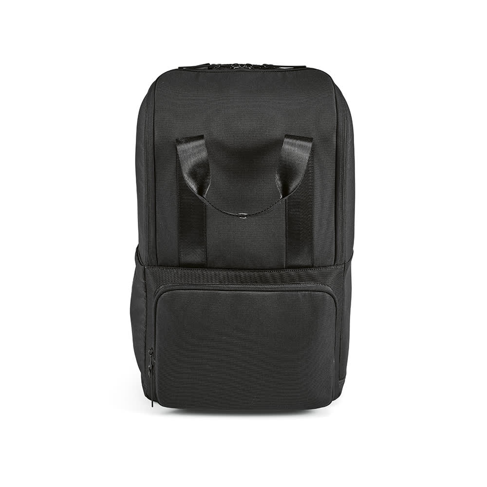 A black backpack featuring a front pocket and straps, designed to fit a 15.6" laptop. It has a branding logo.