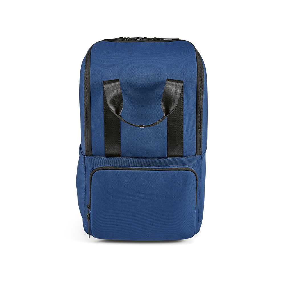 A blue backpack featuring a front pocket, adjustable straps, and space for a 15.6" laptop. It has a logo.