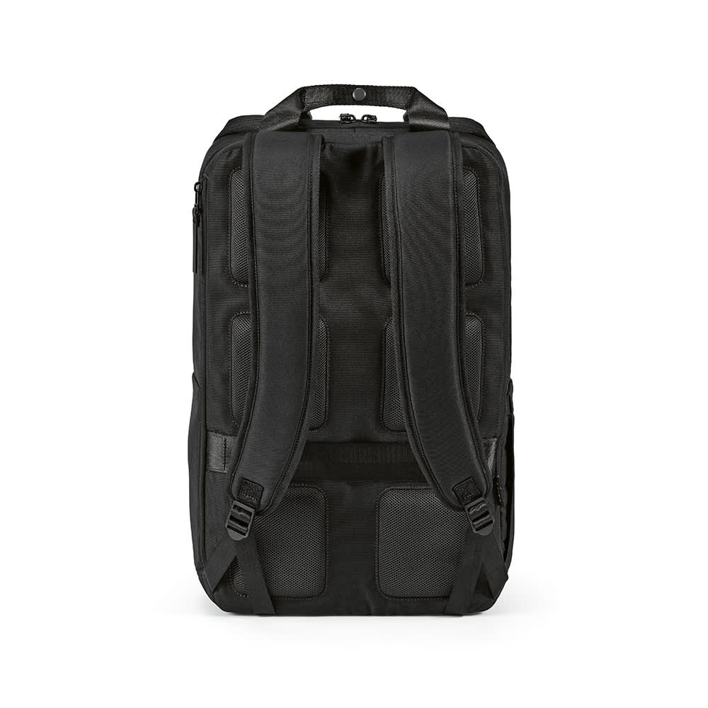 A black backpack with padded straps and a front pocket, designed to fit a 15.6" laptop. It features a logo.